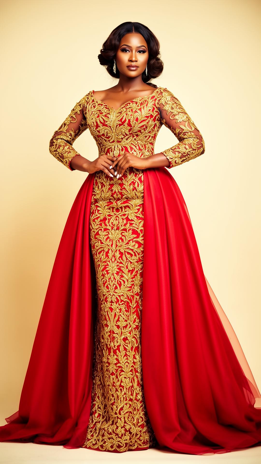Model in red and gold couture by Precious Gift Couturier